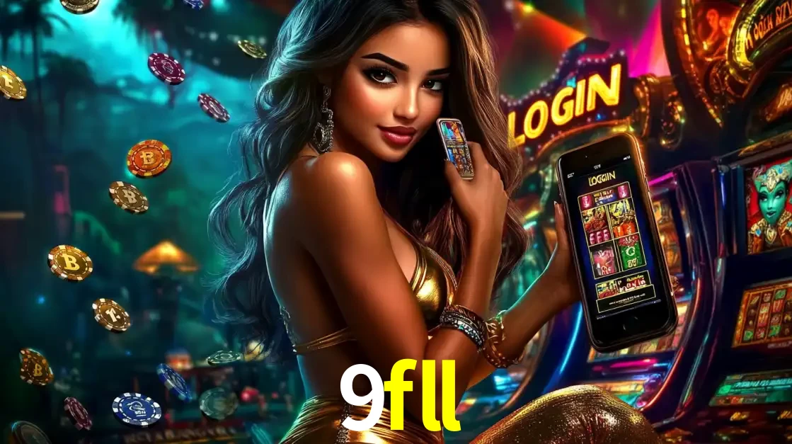 Mulher em um cenário de cassino temático de aventura, mostrando o app de caça-níqueis da 9fll no celular. Fichas de apostas flutuam ao redor.