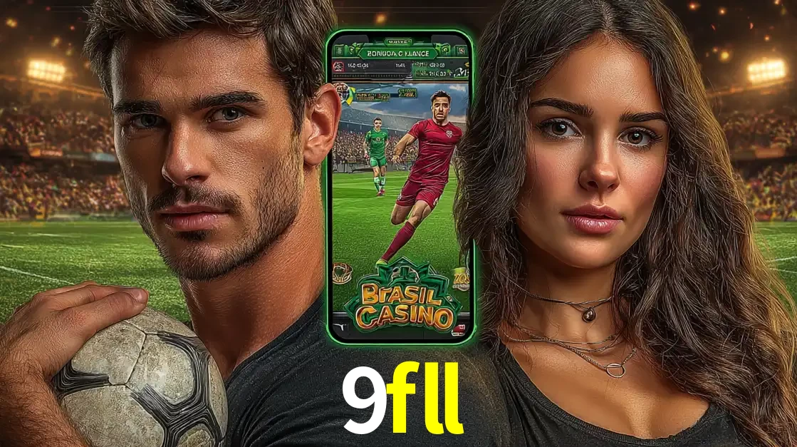Homem segurando uma bola de futebol e uma mulher ao lado de um smartphone exibindo o jogo de apostas esportivas da 9fll. Faça seu palpite no cassino online.